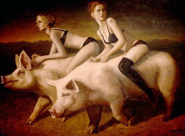 Women riding pigs: pierwsza praca na zamówienie, w dodatku o wielkich wymiarach: 762x182 cm 