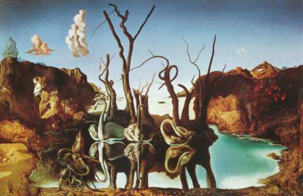 Łabędzie odbijające się w wodzie jako słonie. Salvador Dali.