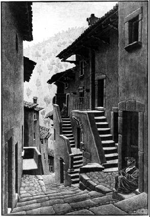 Street in Scanno, Abruzzi 1930 woodcut