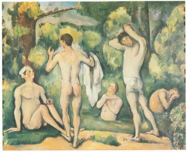 "Baigneurs", Cézanne. Od 1870 roku Cézanne malował kąpiących się mężczyzn i kobiety. Miał wielką ambicję połączyć w swoich pracach sylwetkę ludzką z pejzażem.