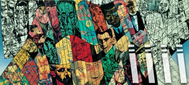 "Portraits d'expressionists" - ta praca jest jedną z serii “Historia Sztuki”, która zestawia części prac znanych współczesnych twórców- m.in. Picassa, Miró czy Matisse’a. Tutaj Erró przedstawia przedstawicieli tej samej szkoły malarskiej- ekspresjonizmu niemieckiego: Bechmann’a, Dix’a, Felixmüller’a, Grosz’a, Kirchner’a, Kokoschkę, Schielego.